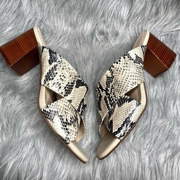 Cole Haan Dakota Tan & Black Snakeskin Wood Block Heel Slide Mule Sandals - Picture 2 of 6
